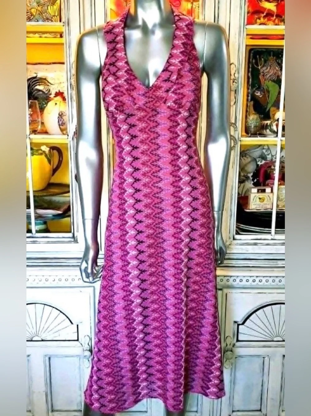 Betsey Johnson Vintage Y2K Pink Zigzag halter midi Dress - Picture 2 of 8